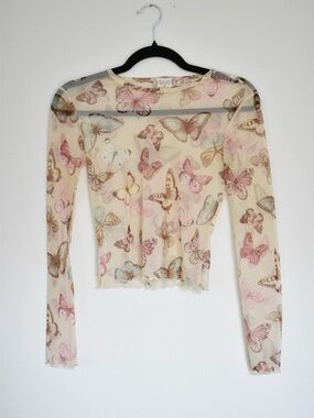 🦋Altar'd State Sheer Multicolor Butterfly Print Mesh Long-Sleeve Top🦋 Size XS